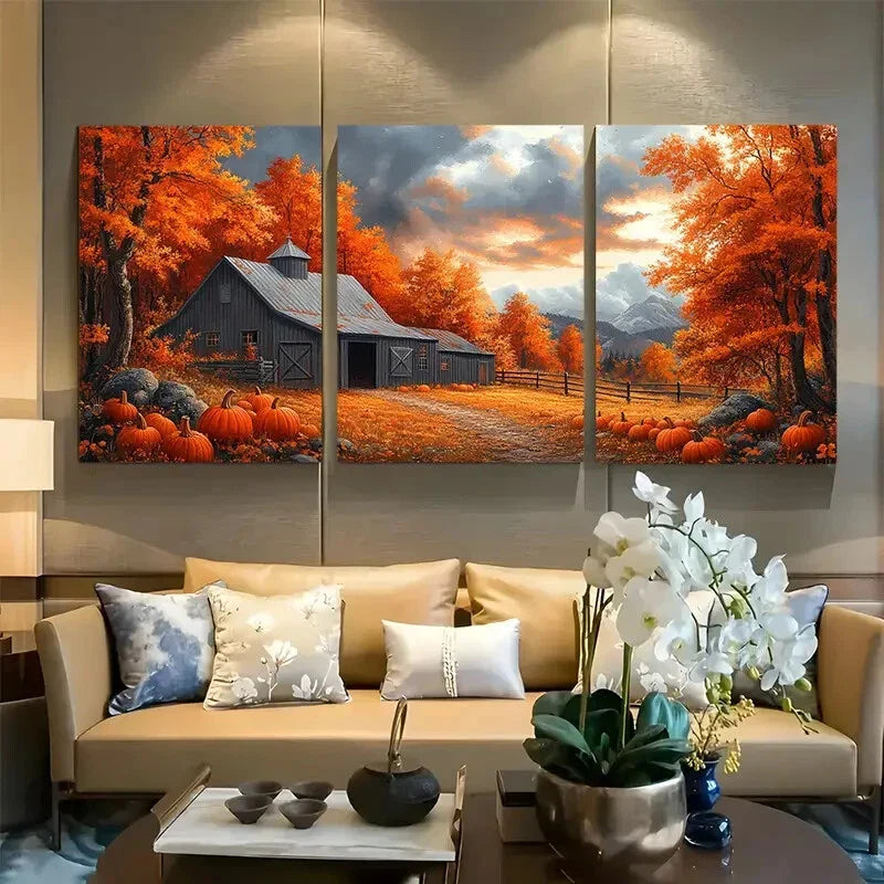 3pcs Picturesque Autumn Barn Harvest Scene Metal Print Ready to Hang Art