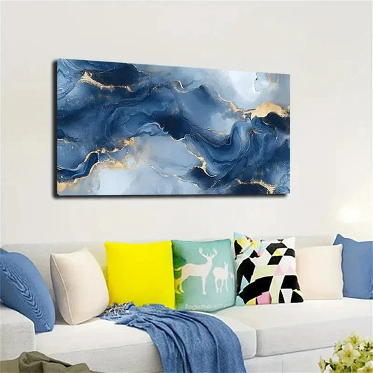 Blue and Golden Marble Wall Art canvas office home room framed 120x60cm