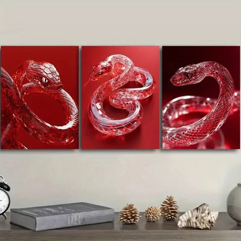 3pcs Red Crystal Snake  Wall Art Set Canvas Framed 40x60cm - High Quality Print 100% Australian Made Wall Canvas Ready to Hang