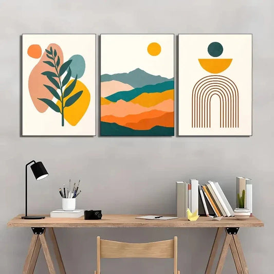 3pcs Artistic Colorful Leaves and Mountains Sun Metal Print Ready to Hang Art