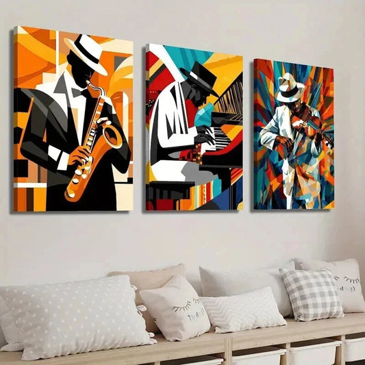 3pcs Jazz Saxophone Violin Player Pianist Wall Art Set Canvas Framed 40x60cm - High Quality Print 100% Australian Made Wall Canvas Ready to Hang