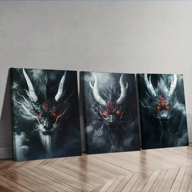 3pcs Silver Metal Dragon, Wall Art Set Canvas Framed 40x60cm - High Quality Print 100% Australian Made Wall Canvas Ready to Hang