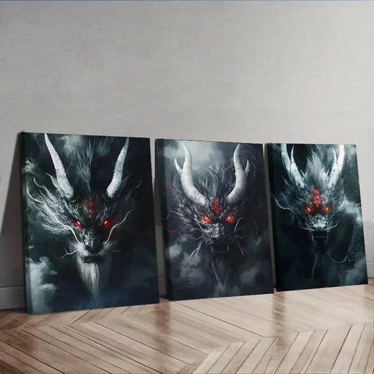 3pcs Silver Metal Dragon, Wall Art Set Canvas Framed 40x60cm - High Quality Print 100% Australian Made Wall Canvas Ready to Hang