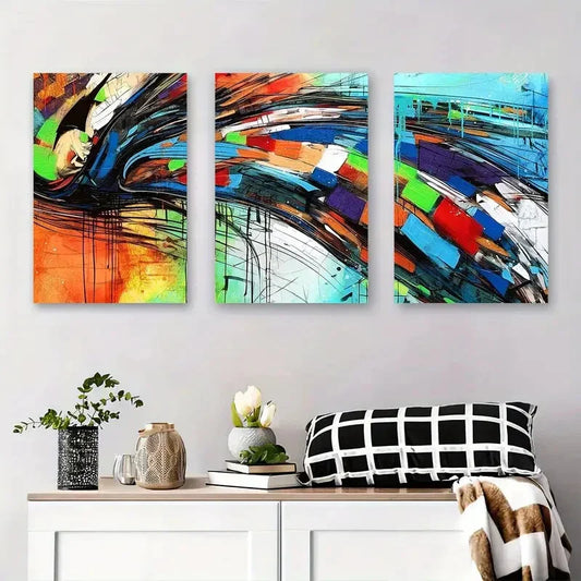 3pcs Vibrant Bold Colors, Geometric Shapes Metal Print Ready to Hang Art