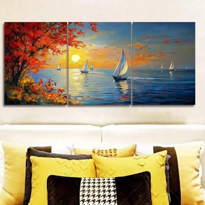 3pcs Serene Sailboat Sunset Scene Vibrant Autumn Wall Art Set Canvas Framed 40x60cm - High Quality Print 100% Australian Made Wall Canvas Ready to Hang