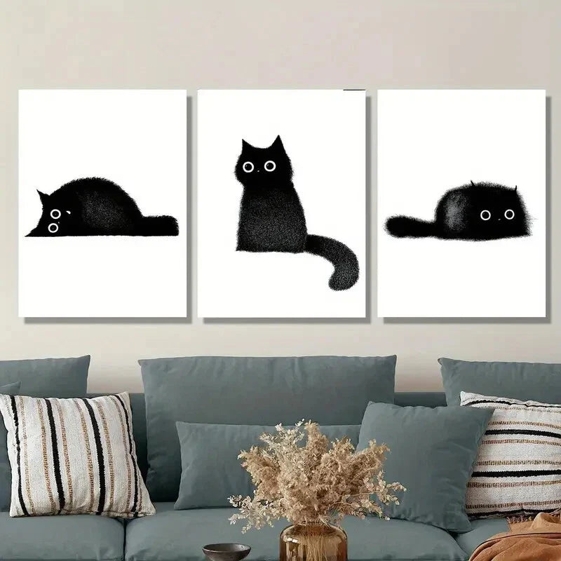 3pcs  Cute black cat, black little coal cat, Metal Print Ready to Hang Art