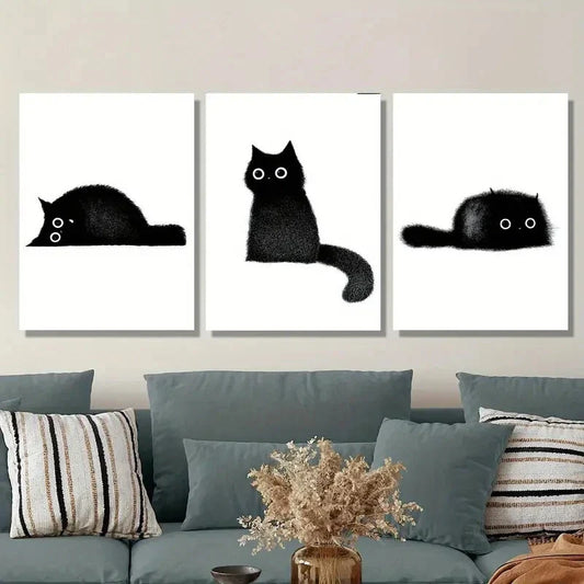 3pcs  Cute black cat, black little coal cat, Metal Print Ready to Hang Art