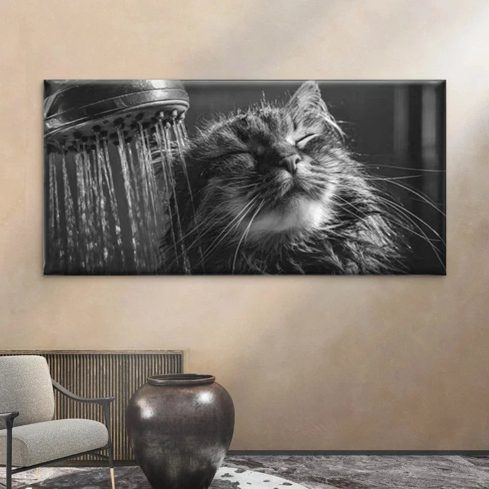 Bathing Tabby Cat Wall Art Canvas Office Home Room Framed 80x45cm