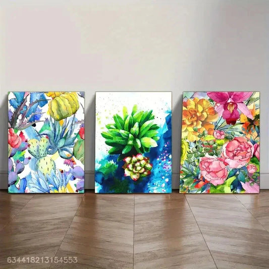 3pcs Vibrant Watercolor Flower Canvas Art Metal Print Ready to Hang Art