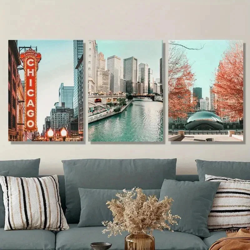 3pcs Autumn Leaves, City Architecture, Chicago Metal Print Ready to Hang Art