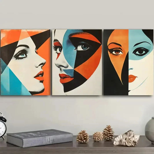 3pcs Modern Abstract Faces with Vibrant Colors, Metal Print Ready to Hang Art