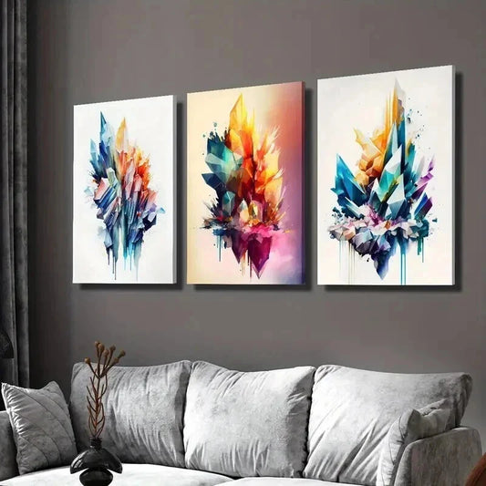 3pcs Geometric Crystal Stone Painting Wall Art Set Canvas Framed 40x60cm - High Quality Print 100% Australian Made Wall Canvas Ready to Hang