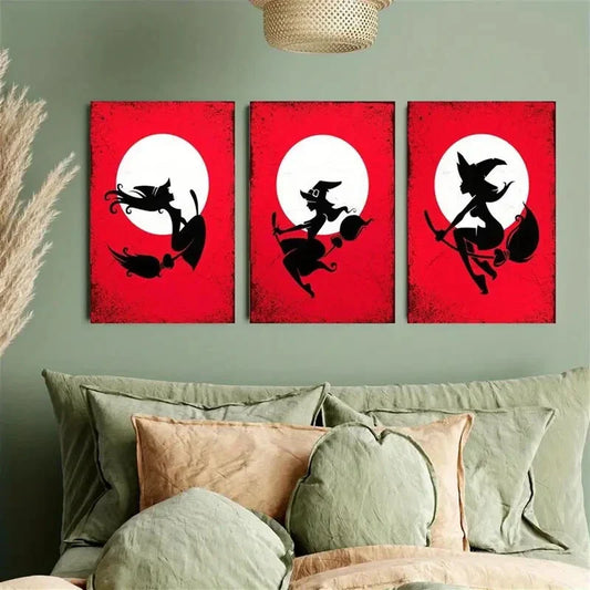 3pcs Witch Silhouettes on Blood-Red Background Metal Print Ready to Hang Art
