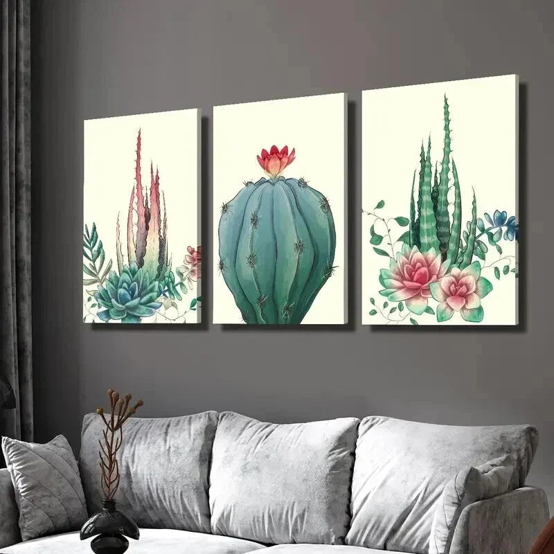 3pcs Vibrant Aloe Vera Prick Pear & Cactus Wall Art Set Canvas Framed 40x60cm - High Quality Print 100% Australian Made Wall Canvas Ready to Hang