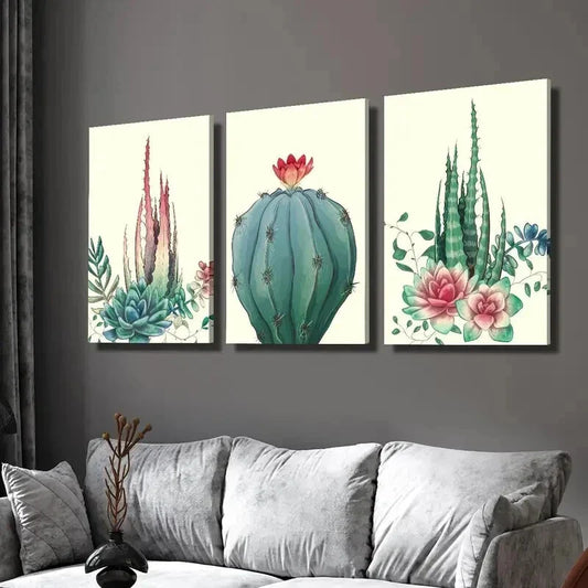 3pcs Vibrant Aloe Vera Prick Pear & Cactus Wall Art Set Canvas Framed 40x60cm - High Quality Print 100% Australian Made Wall Canvas Ready to Hang