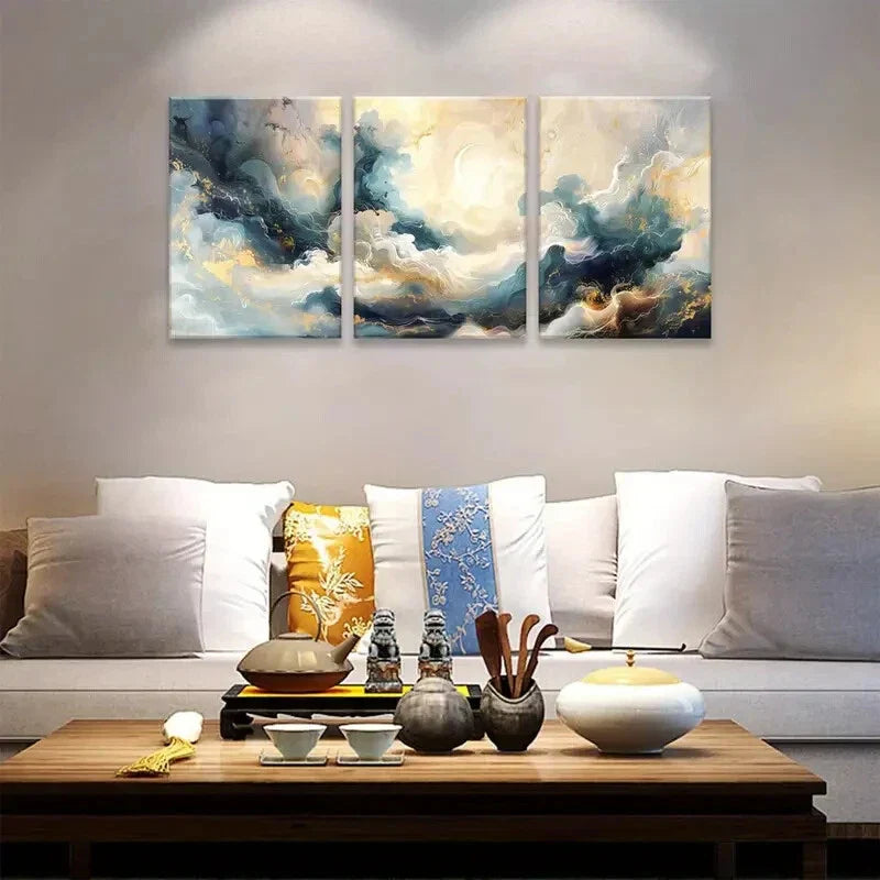 3pcs Abstract Blue & Golden Marble Metal Print Ready to Hang Art