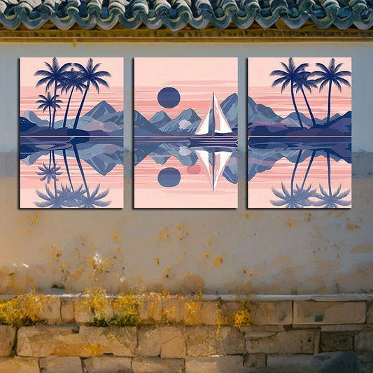 3pcs Modern Nature Mountain Sun Coconut Trees Metal Print Ready to Hang Art