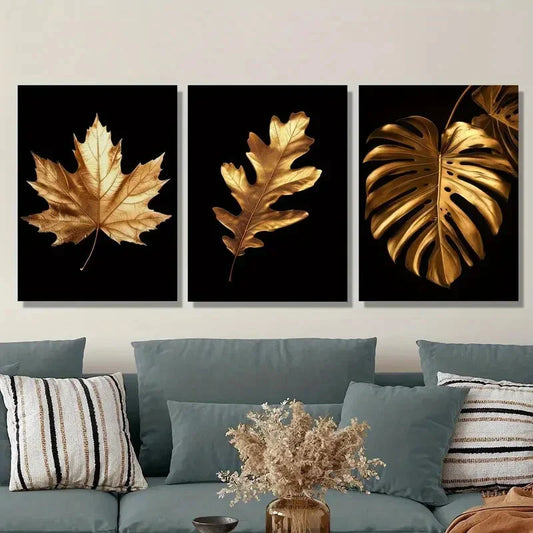 3pcs Golden Leaves Art Deco Classic Metal Print Ready to Hang Art