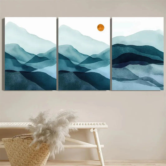 3pcs Cyan Blue Watercolor Boho Style Metal Print Ready to Hang Art