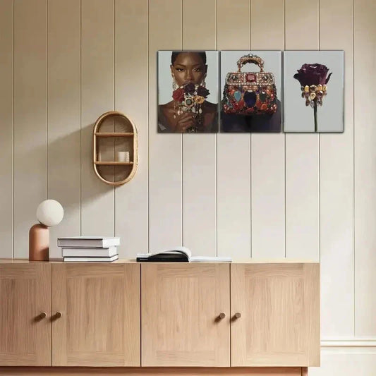 3pcs Golden Jewelry Female Portrait Art Poster Metal Print Ready to Hang Art