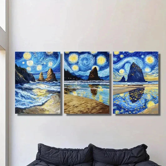 3pcs starry sky landscape Van Gogh style painting  Metal Print Ready to Hang Art
