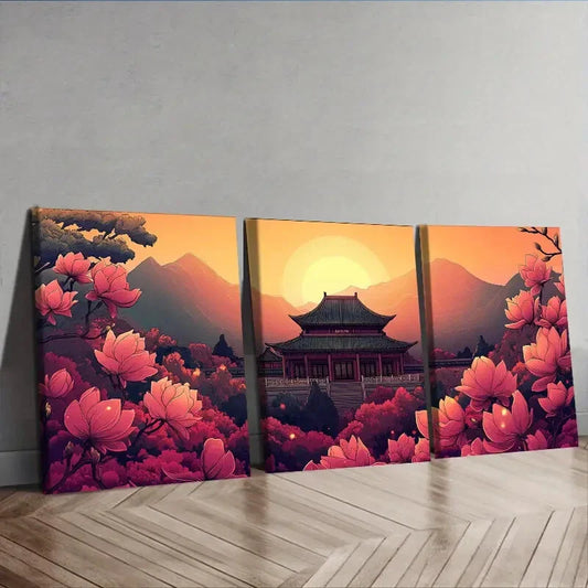 3pcs Colorful ancient Chinese buildings Wall Art Set Canvas Framed 40x60cm - High Quality Print 100% Australian Made Wall Canvas Ready to Hang