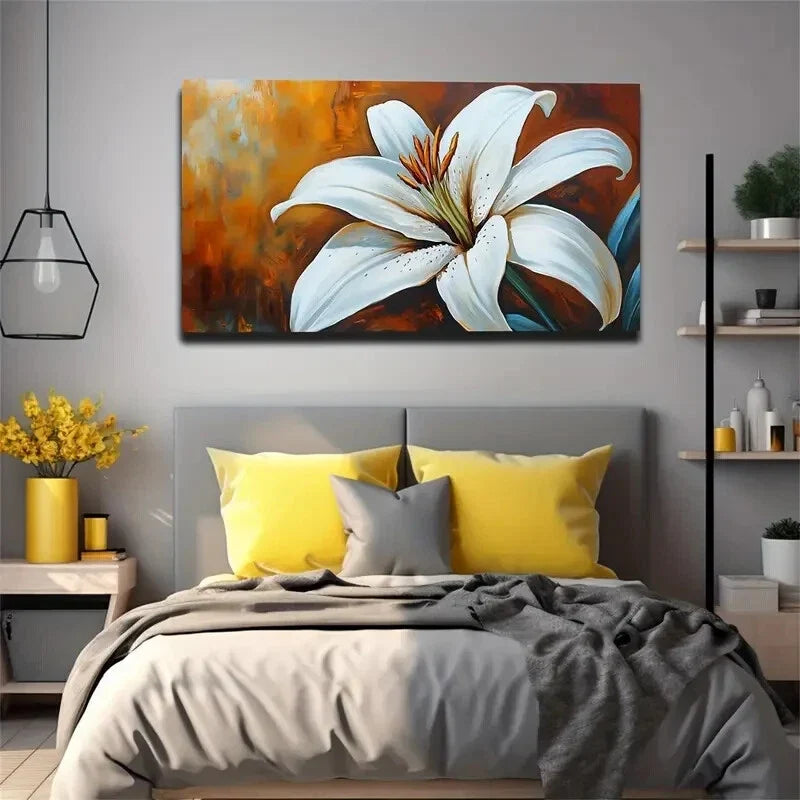 Blooming Lily Minimalist Modern Wall Art Canvas Office Home Room Framed 120x60cm.