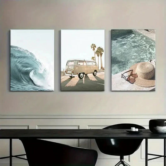 3pcs Sunset Scenery Nature Bus Metal Print Ready to Hang Art