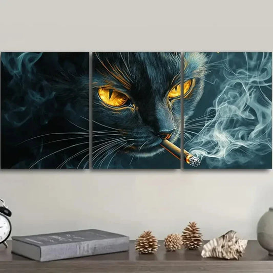 3pcs A Black Cat with Yellow Eyes Smoking Metal Print Ready to Hang Art