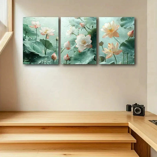 3pcs Serene Pink & White Lotus Blossoms in Water Metal Print Ready to Hang Art