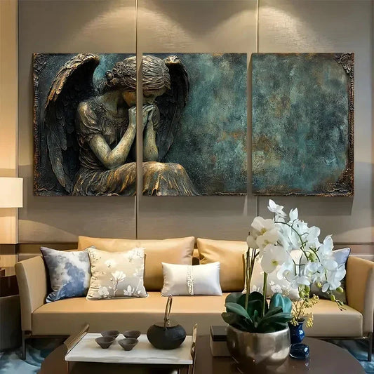 3pcs Elegant Angel Figures in Distressed Metal Print Ready to Hang Art