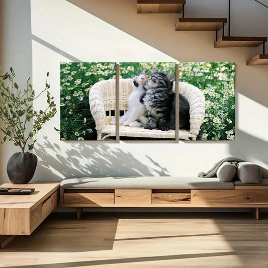 3pcs Adorable Cat Illustrations with Floral Metal Print Ready to Hang Art
