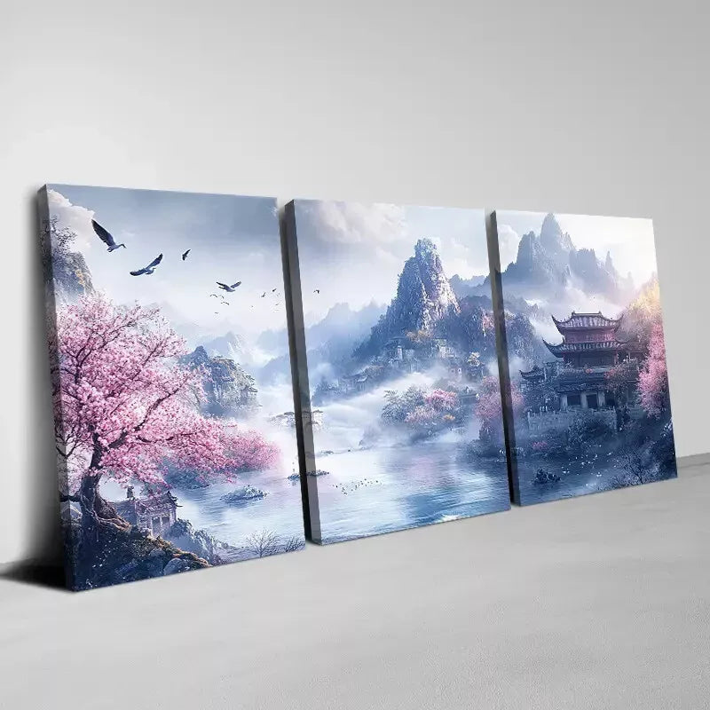 3pcs Traditional Chinese Landscape Serene Floral Wall Art Set Canvas Framed 40x60cm - High Quality Print 100% Australian Made Wall Canvas Ready to Hang