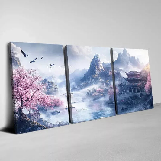 3pcs Traditional Chinese Landscape Serene Floral Wall Art Set Canvas Framed 40x60cm - High Quality Print 100% Australian Made Wall Canvas Ready to Hang