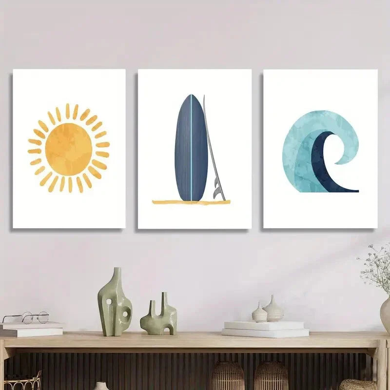 3pcs blue surfboard art, wave abstract shape, Metal Print Ready to Hang Art