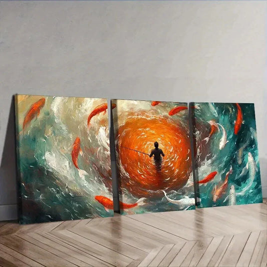 3pcs  Fisherman, koi Nature  Wall Art Set Canvas Framed 40x60cm - High Quality Print 100% Australian Made Wall Canvas Ready to Hang
