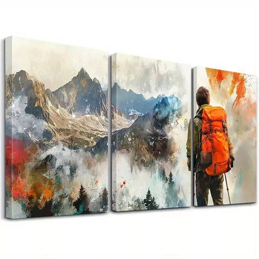 3pcs Mountain And Hiker & Snow-Capped Peaks Wall Art Set Canvas Framed 40x60cm - High Quality Print 100% Australian Made Wall Canvas Ready to Hang