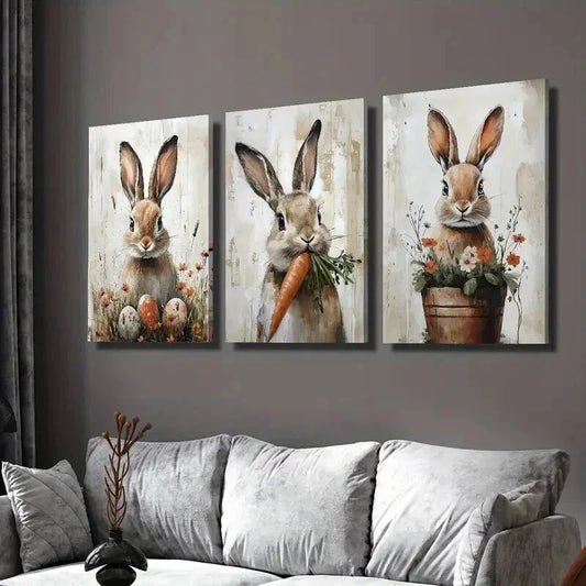 3pcs Rabbits with Eggs & Carrots Wall Art Set Canvas Framed 40x60cm - High Quality Print 100% Australian Made Wall Canvas Ready to Hang