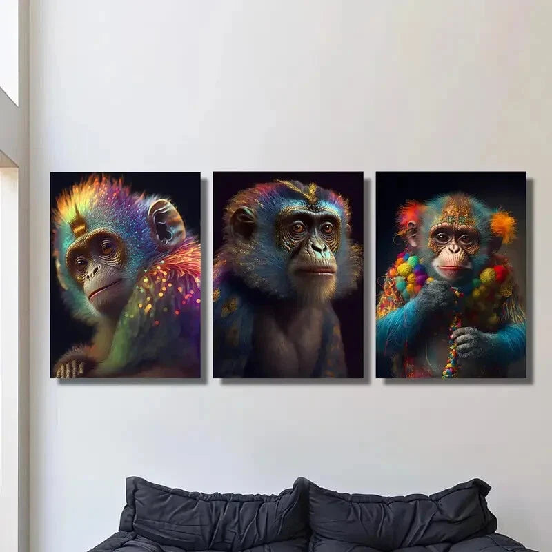3pcs Fluorescent Monkey Animal Theme, Ink Art Metal Print Ready to Hang Art