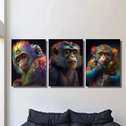 3pcs Fluorescent Monkey Animal Theme, Ink Art Metal Print Ready to Hang Art