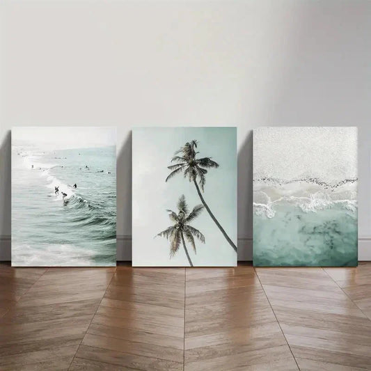 3pcs Ocean View Palm Trees Beach Minimalism Metal Print Ready to Hang Art