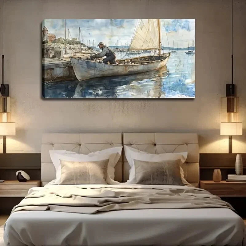 Realistic Style Fisherman Port Wall Art Canvas Office Home Room Framed 120x60cm
