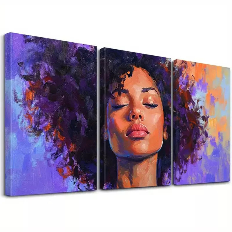 3pcs Vibrant Purple Hair & Expressive Face Wall Art Set Canvas Framed 40x60cm - High Quality Print 100% Australian Made Wall Canvas Ready to Hang