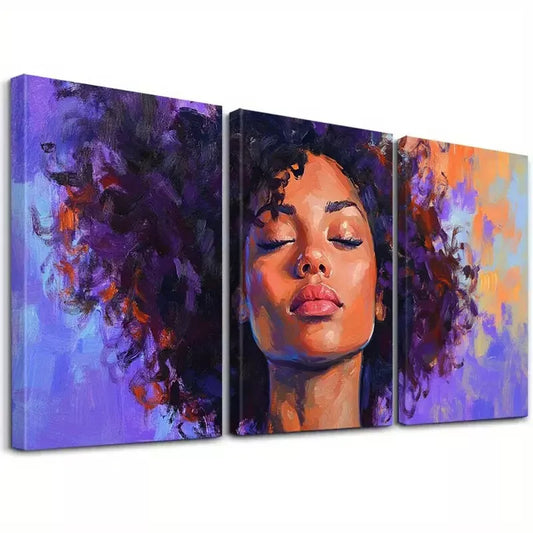 3pcs Vibrant Purple Hair & Expressive Face Wall Art Set Canvas Framed 40x60cm - High Quality Print 100% Australian Made Wall Canvas Ready to Hang