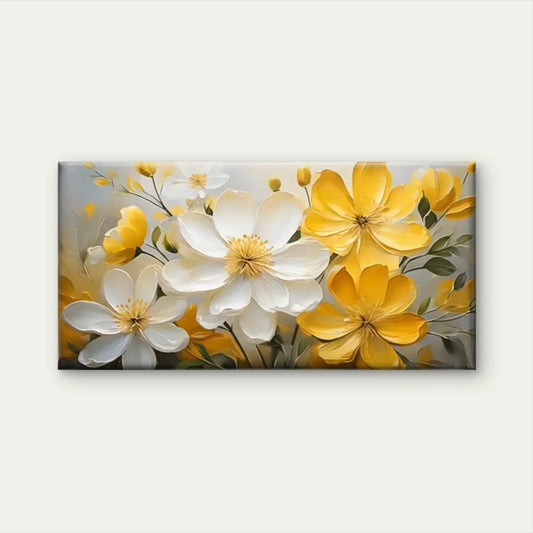 Vibrant Yellow & White Floral Wall Art Canvas Office Home Room Framed 80x45cm