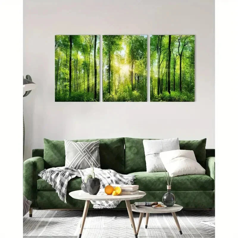 3pcs Green Tree Pictures Landscape Painting Metal Print Ready to Hang Art