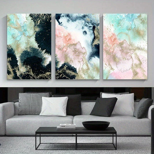 3pcs Abstract Marble Golden Pink White Metal Print Ready to Hang Art