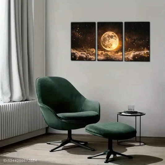 3pcs Space Starry Sky Full Moon & Golden Stars Metal Print Ready to Hang Art