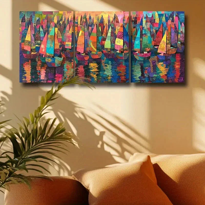 3pcs Colorful Sailboats in the Water Metal Print Ready to Hang Art