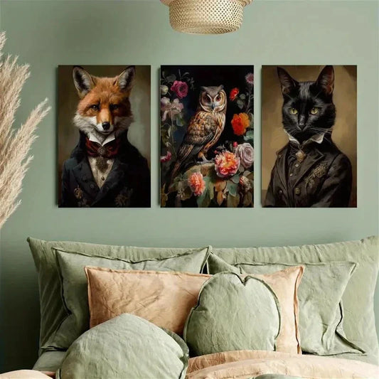 3pcs Vintage Flowers and Owl Metal Print Ready to Hang Art